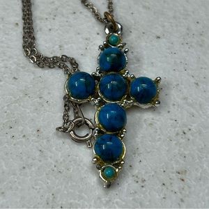vintage blue & silver tone cross 1.5” chain 16” costume Pendant Necklace